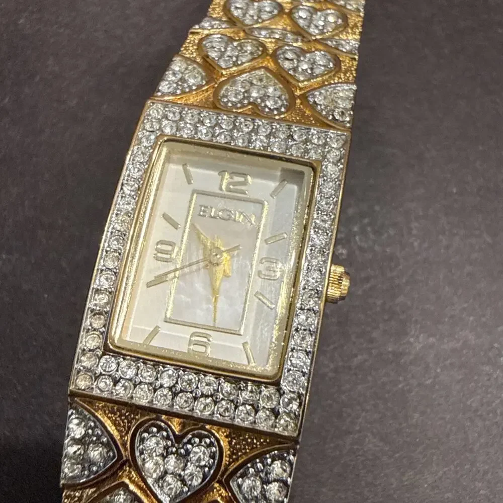 VTG Elgin Rhinestone Heart Bracelet Watch Gold Tone Cocktail w Box